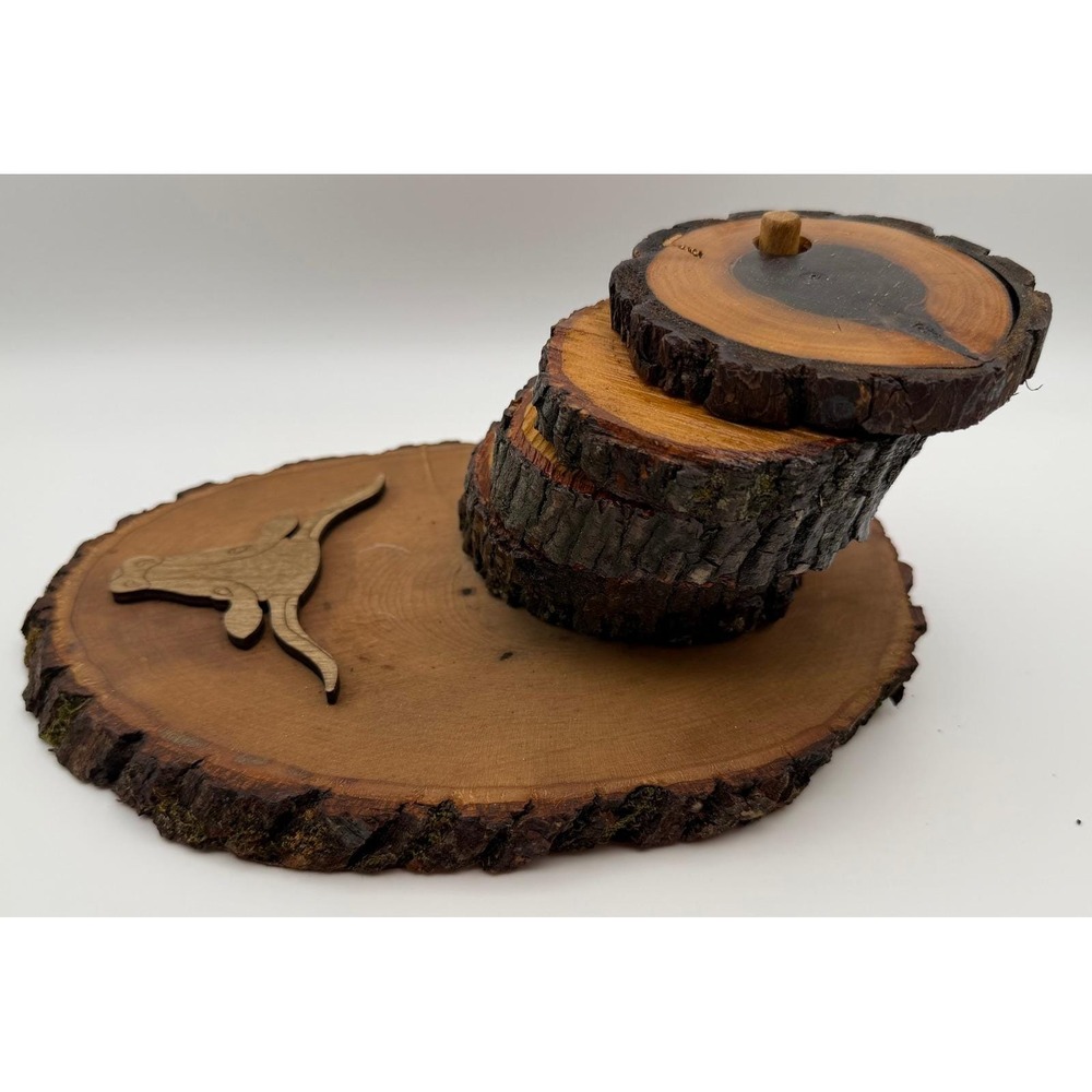Rustic Live Edge Wood Coaster Set with Longhorn Bull Emblem and Base‎ Stand 6pc - Picture 2 of 7